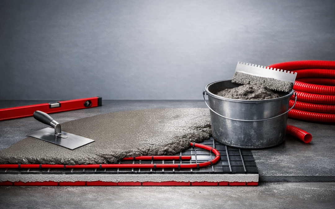 A bucket of mixed concrete next to a trowel, a screed, and red tubing on a gray surface