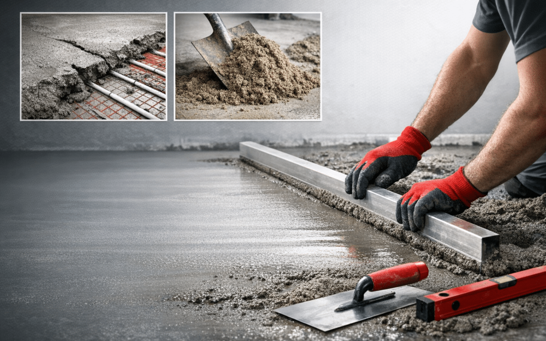 A person in gray gloves levels freshly poured screeding with a straight edge while using a trowel, with images of concrete